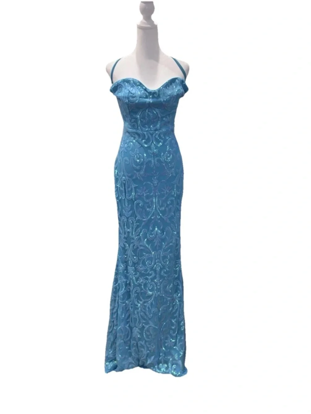 Aqua Blue Sequin Mermaid Gown Lace Up Back Formal Prom Dress Size XL - Picture 4 of 9